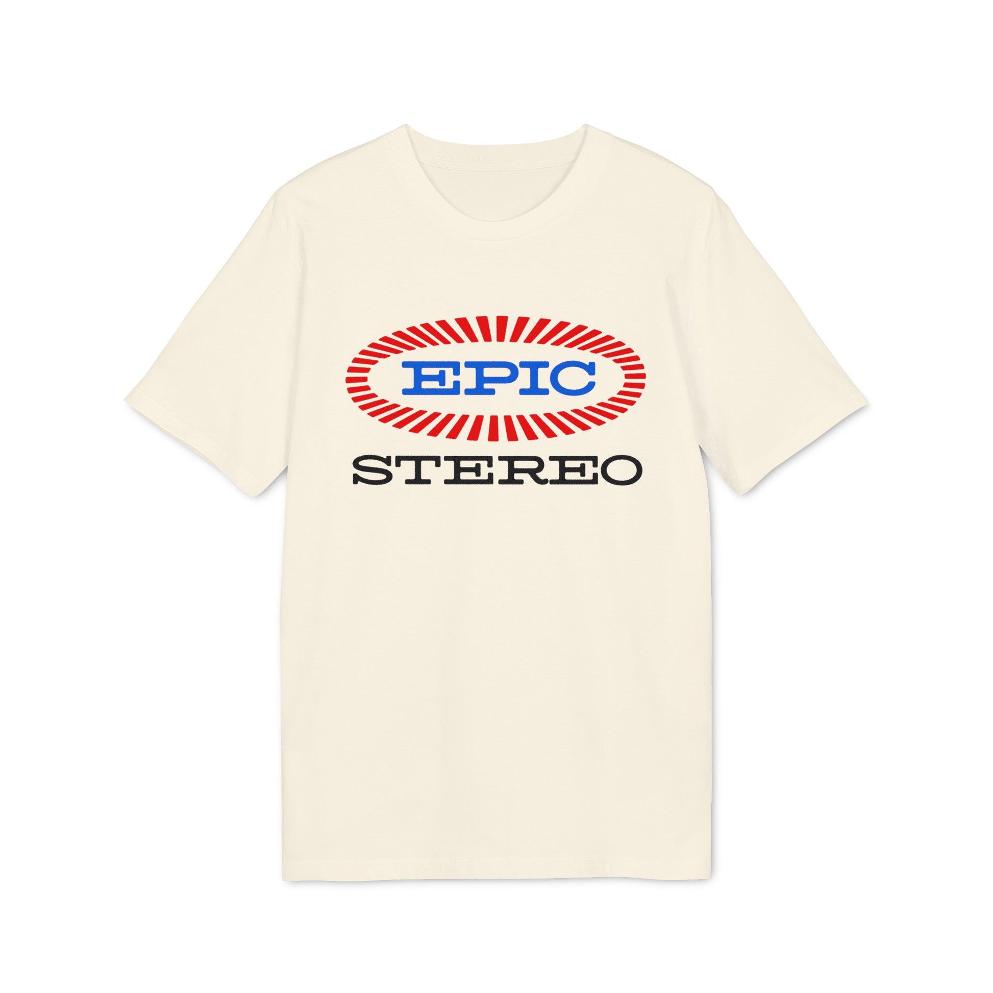 Cream t-shirt with red and blue EPIC STEREO logo.