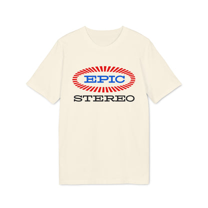 Cream t-shirt with red and blue EPIC STEREO logo.