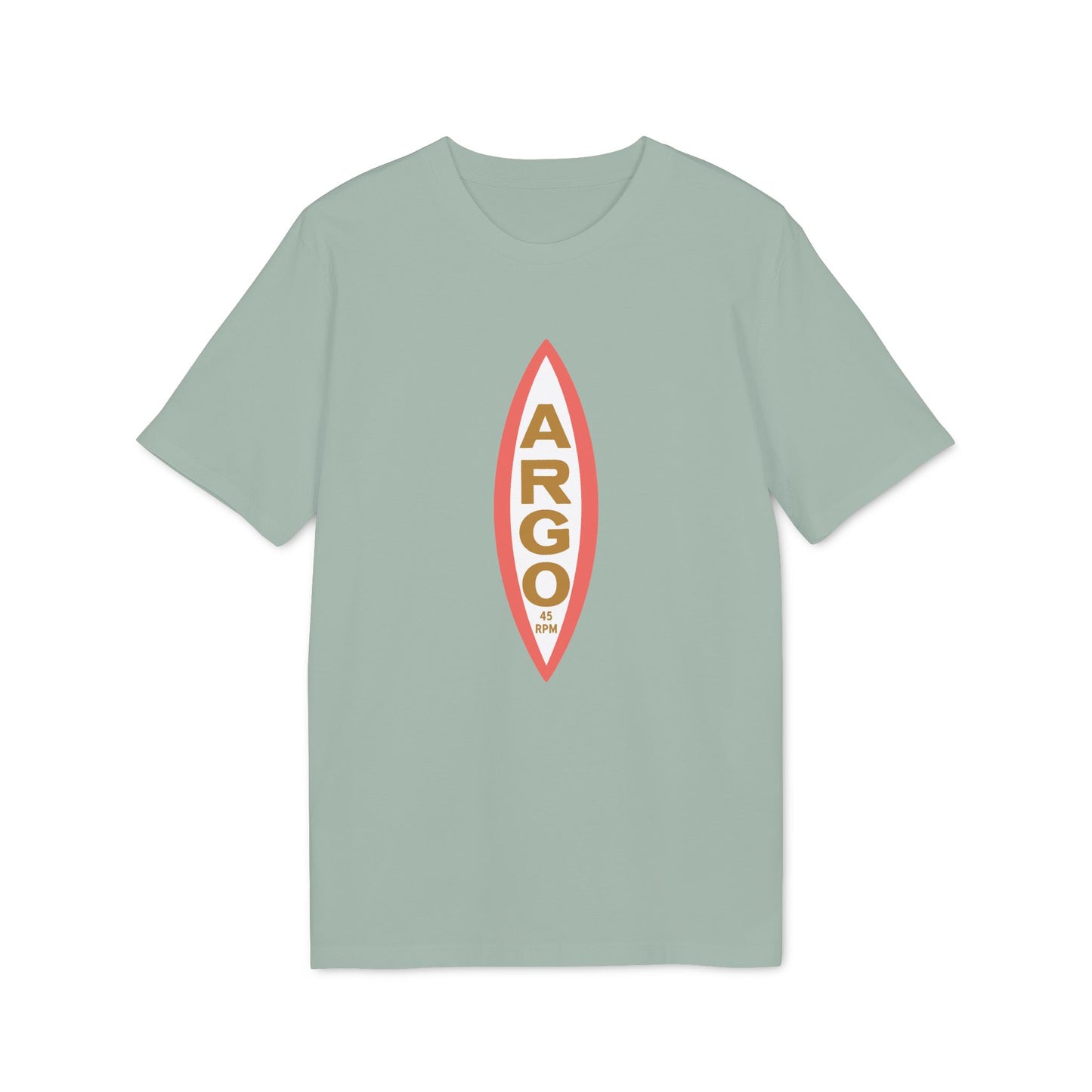 Light green t-shirt with vertical "ARGO 45 RPM" text in a red and gold oval.