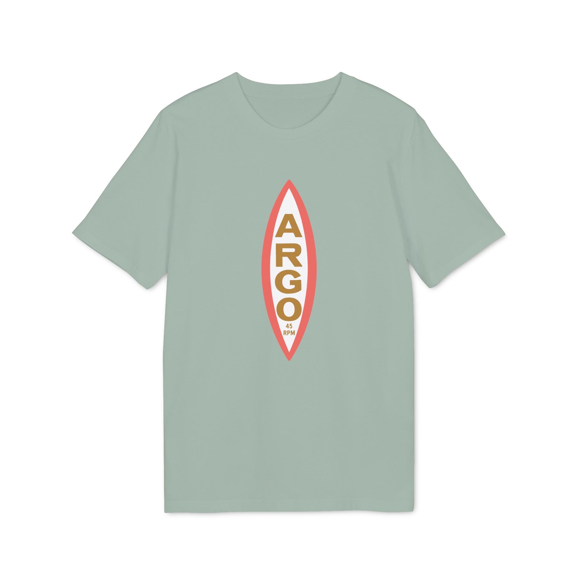 Light green t-shirt with vertical "ARGO 45 RPM" text in a red and gold oval.