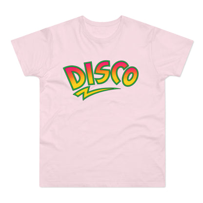 A light pink t-shirt with the word DISCO in colorful retro lettering across the chest.