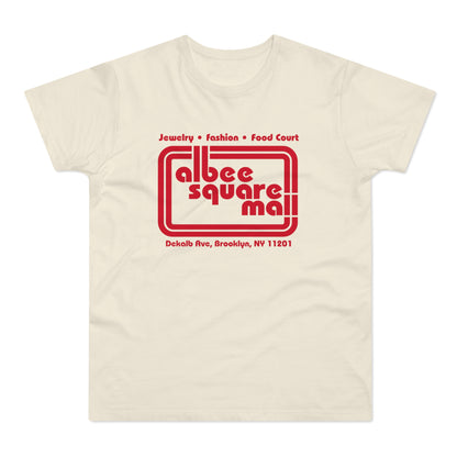Cream t-shirt with red Albee Square Mall logo and Brooklyn address.