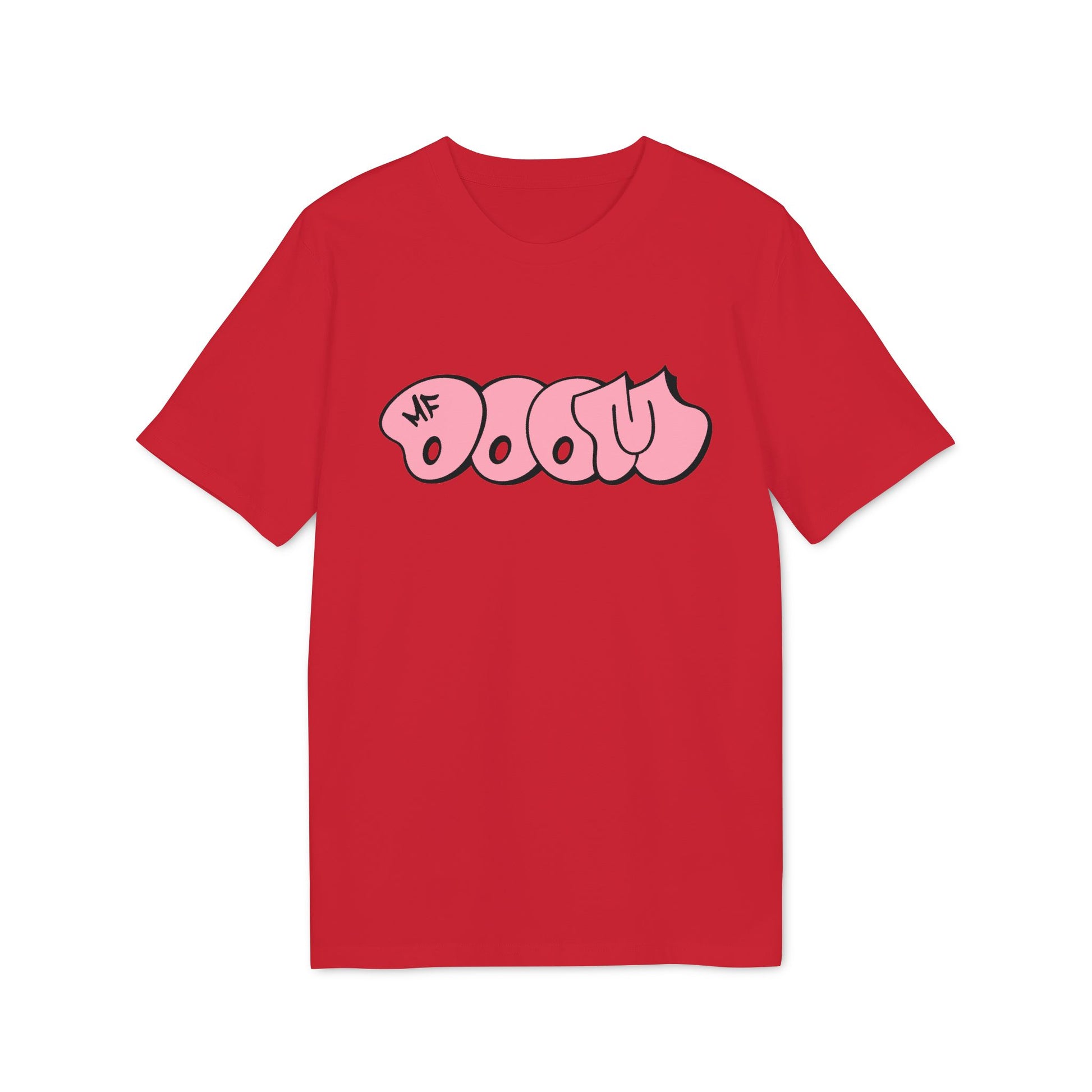 Red t-shirt with pink "MF DOOM" graffiti style text.