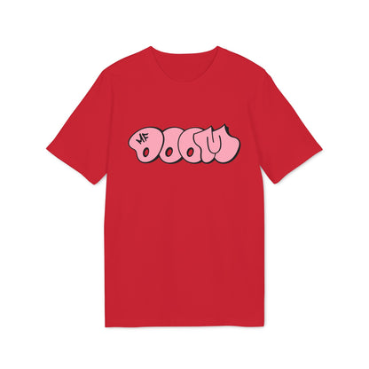 Red t-shirt with pink "MF DOOM" graffiti style text.