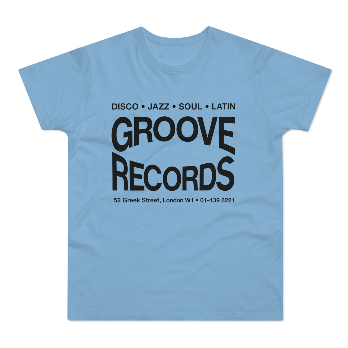 Light blue t-shirt with black text for Groove Records.