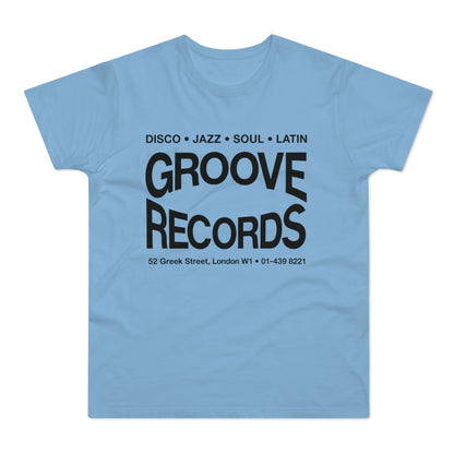 Light blue t-shirt with black text for Groove Records.