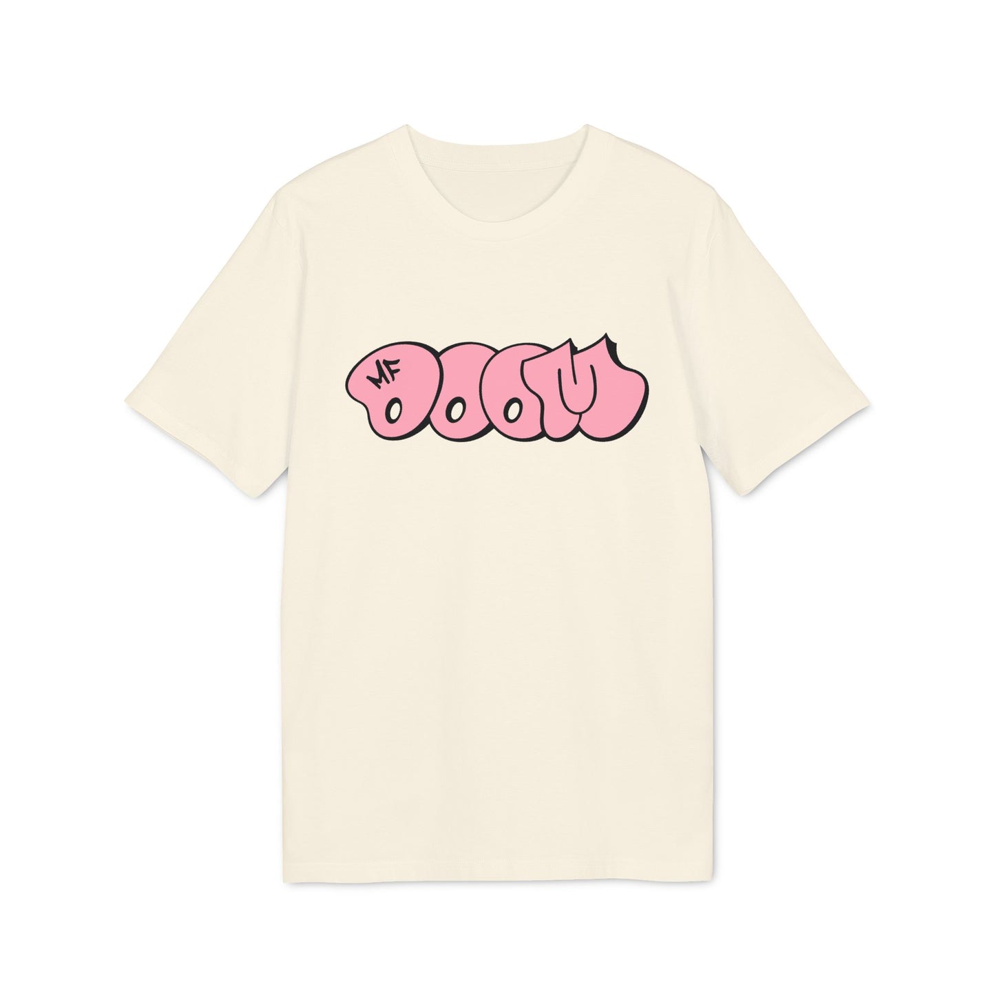 Cream t-shirt with pink "DOOM" graffiti logo and "MF" mark.