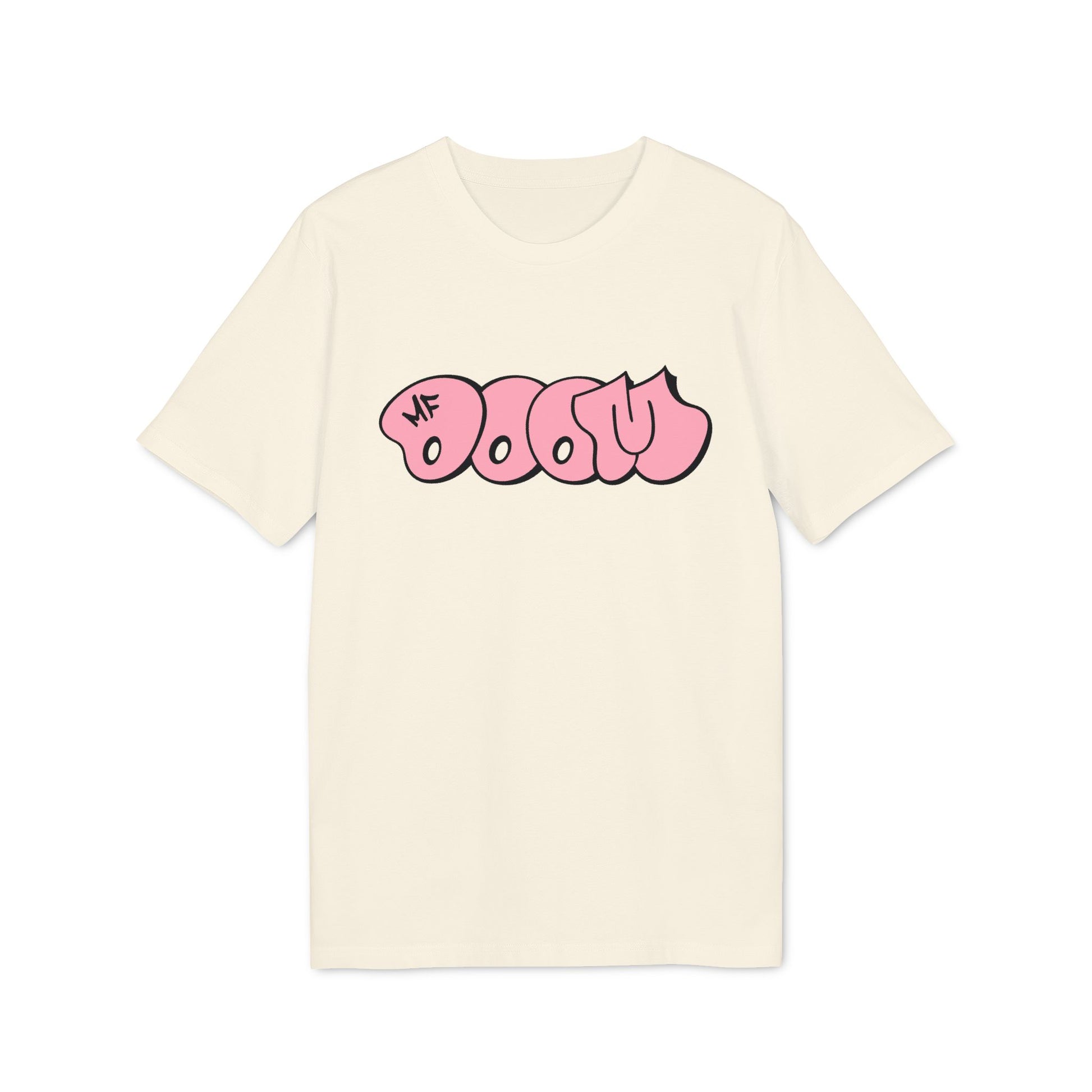 Cream t-shirt with pink "DOOM" graffiti logo and "MF" mark.