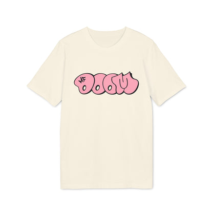 Cream t-shirt with pink "DOOM" graffiti logo and "MF" mark.