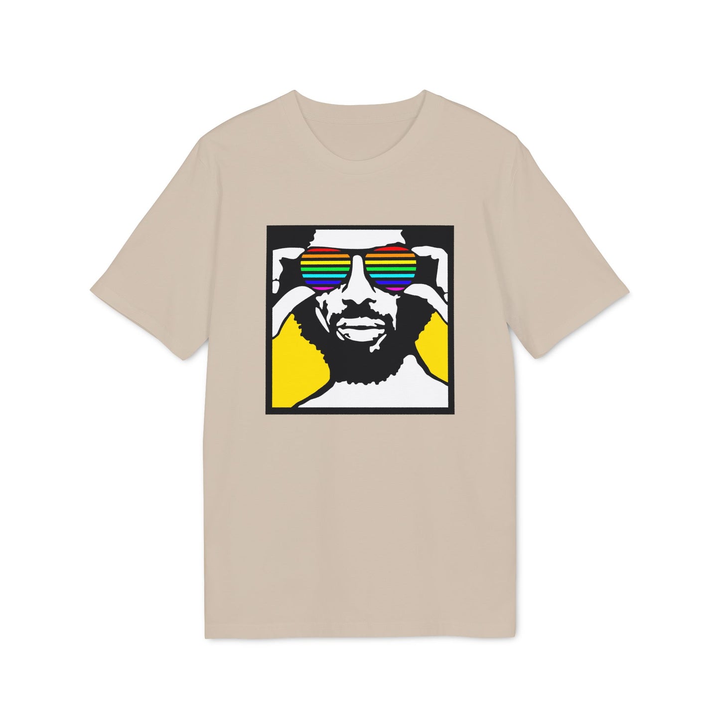T-shirt with a graphic of a man wearing rainbow striped sunglasses.