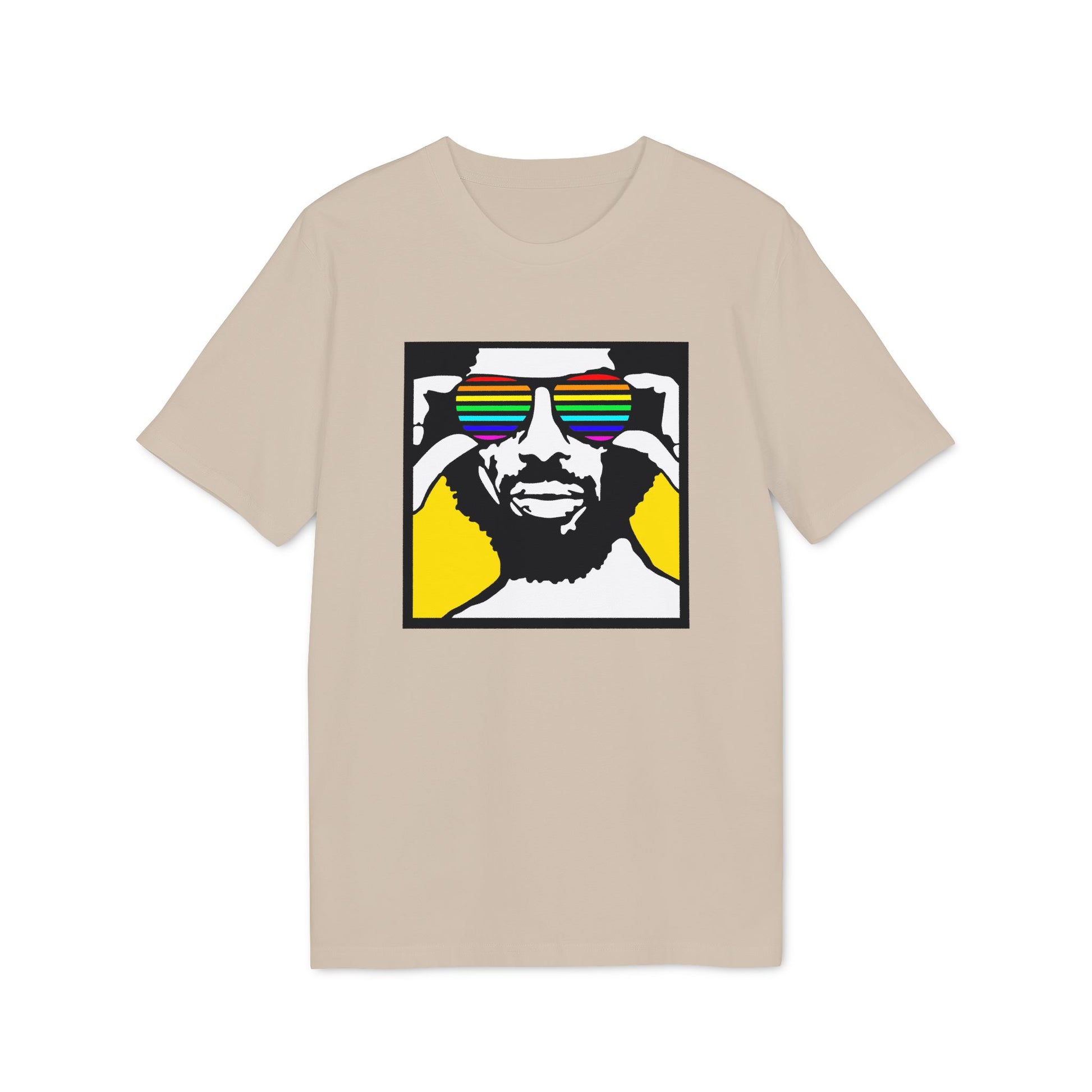 T-shirt with a graphic of a man wearing rainbow striped sunglasses.