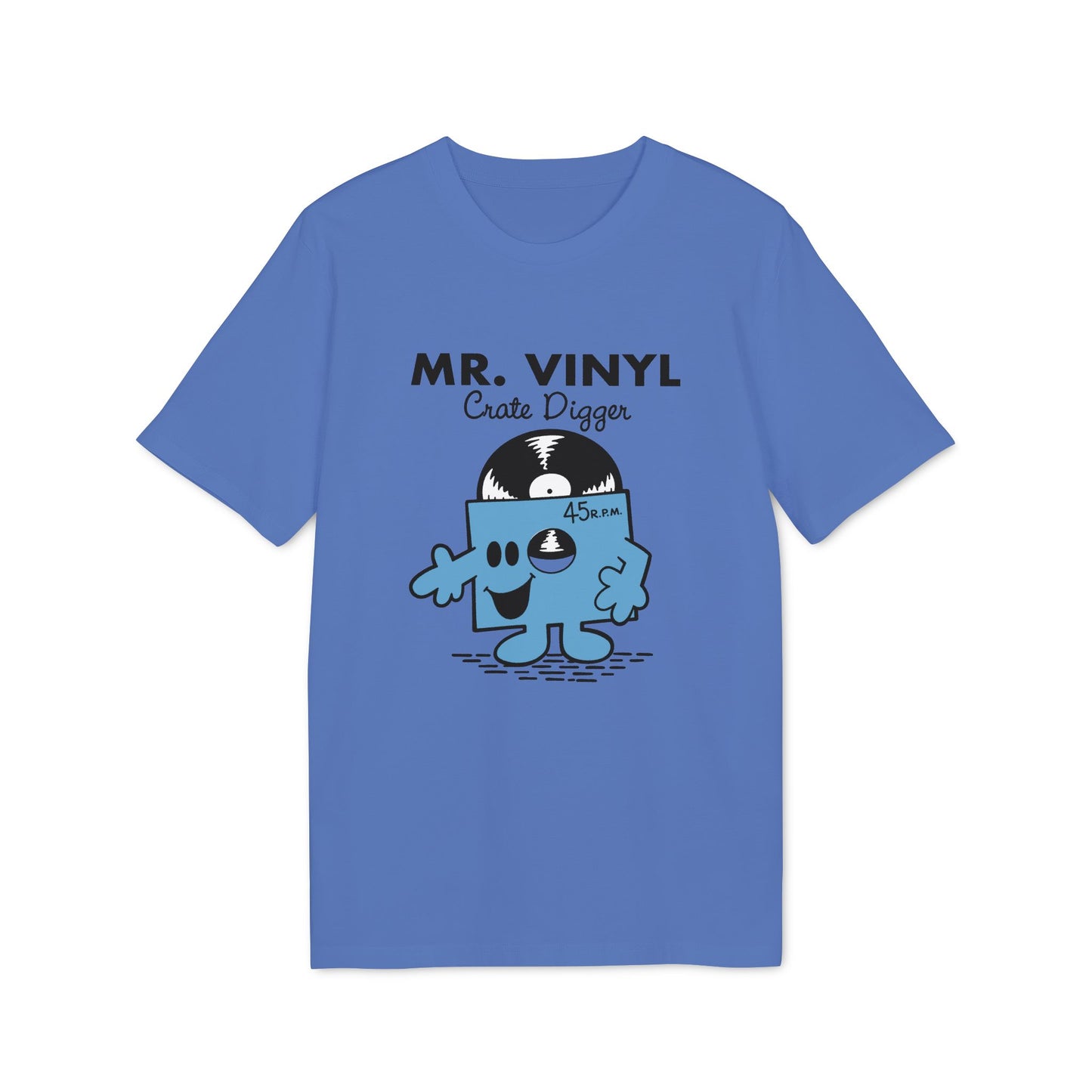Blue t-shirt with "MR. VINYL Crate Digger" and a cartoon vinyl record character.