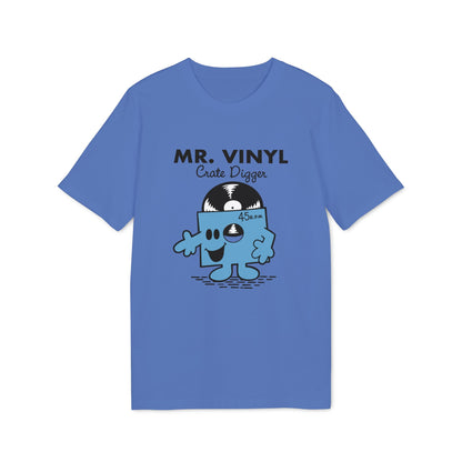 Blue t-shirt with "MR. VINYL Crate Digger" and a cartoon vinyl record character.