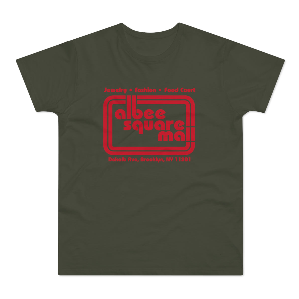 Olive t-shirt with red Albee Square Mall logo and Brooklyn address.