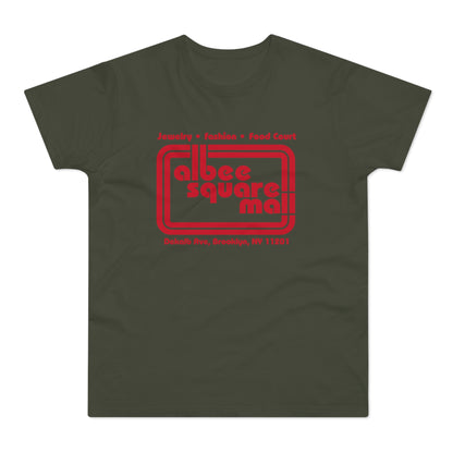Olive t-shirt with red Albee Square Mall logo and Brooklyn address.