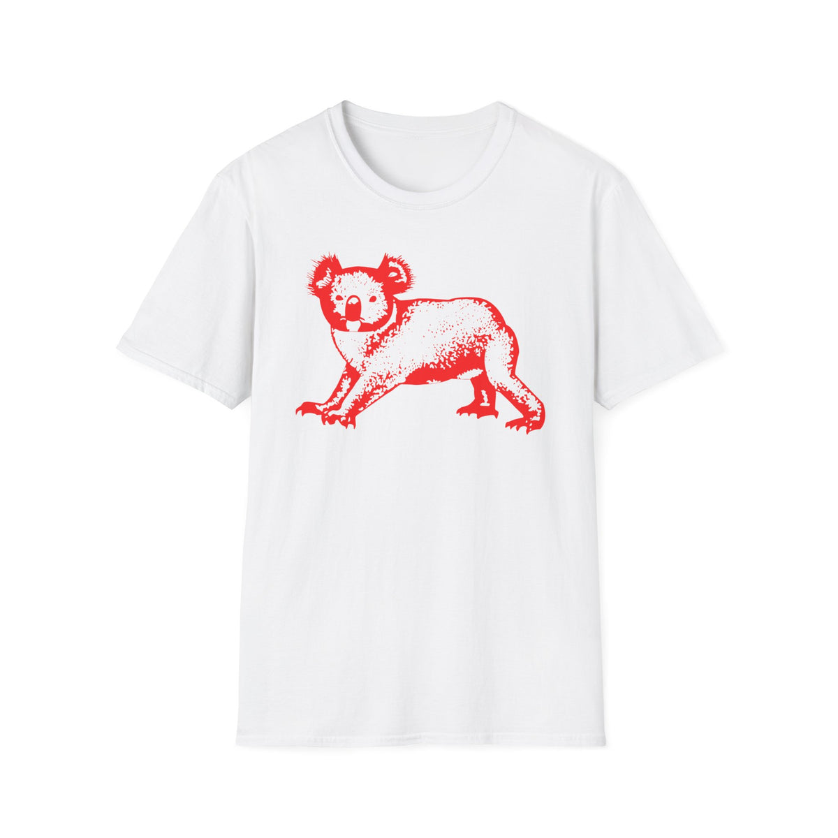 White t-shirt with a red graphic print of a koala in a crouching stance.