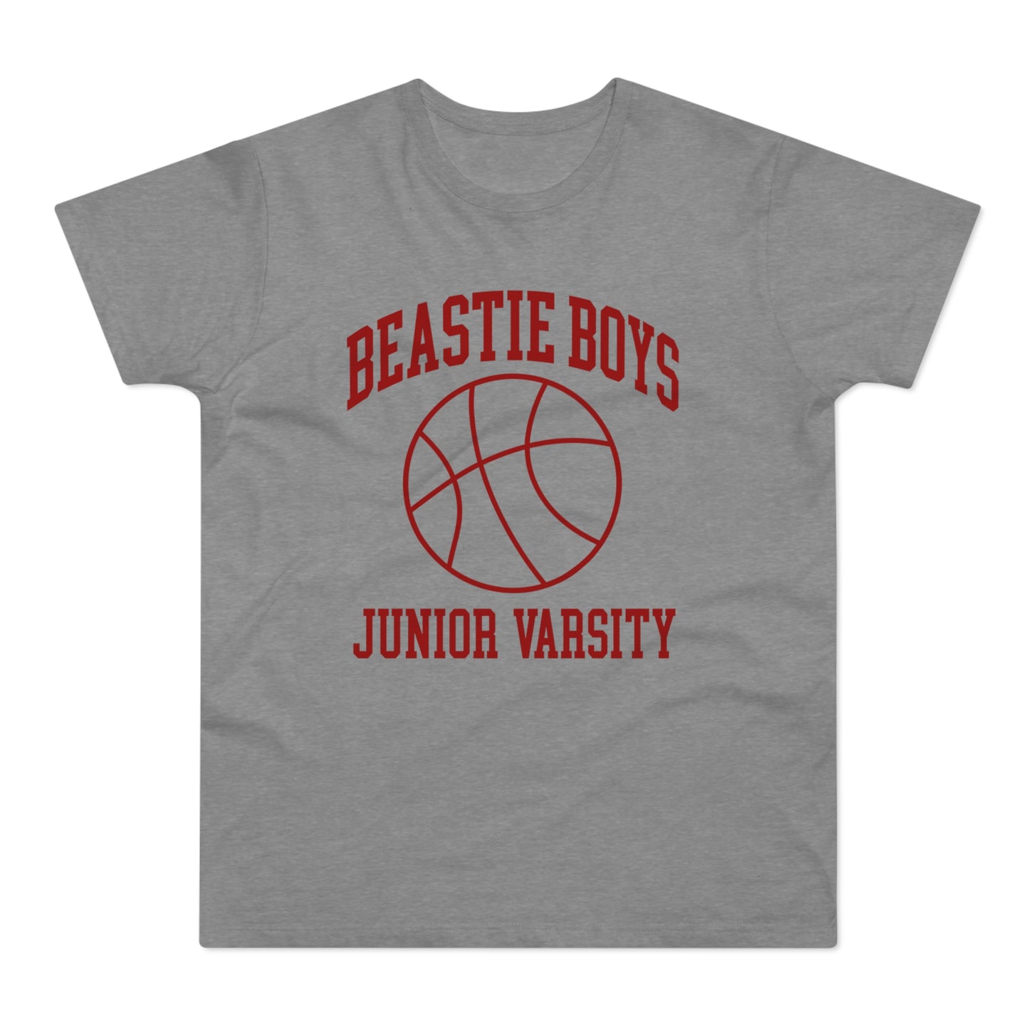 Grey t-shirt with red Beastie Boys Junior Varsity text and basketball graphic.