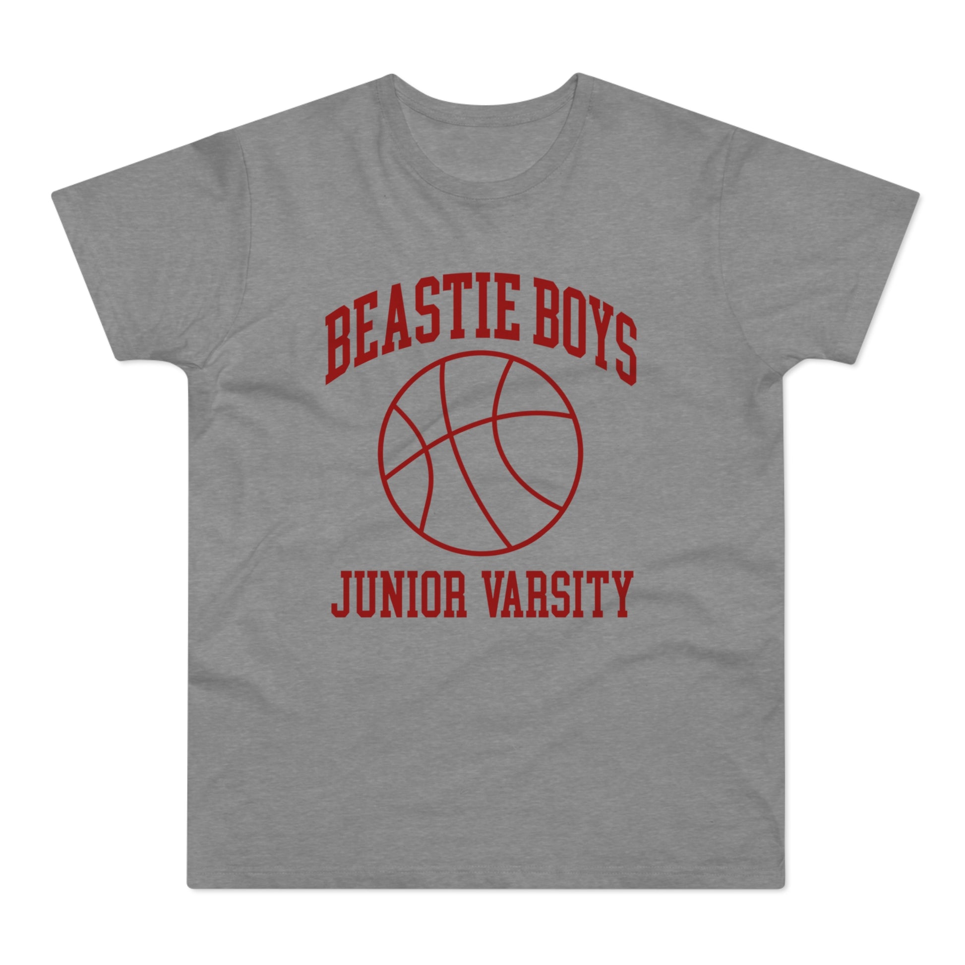 Grey t-shirt with red Beastie Boys Junior Varsity text and basketball graphic.