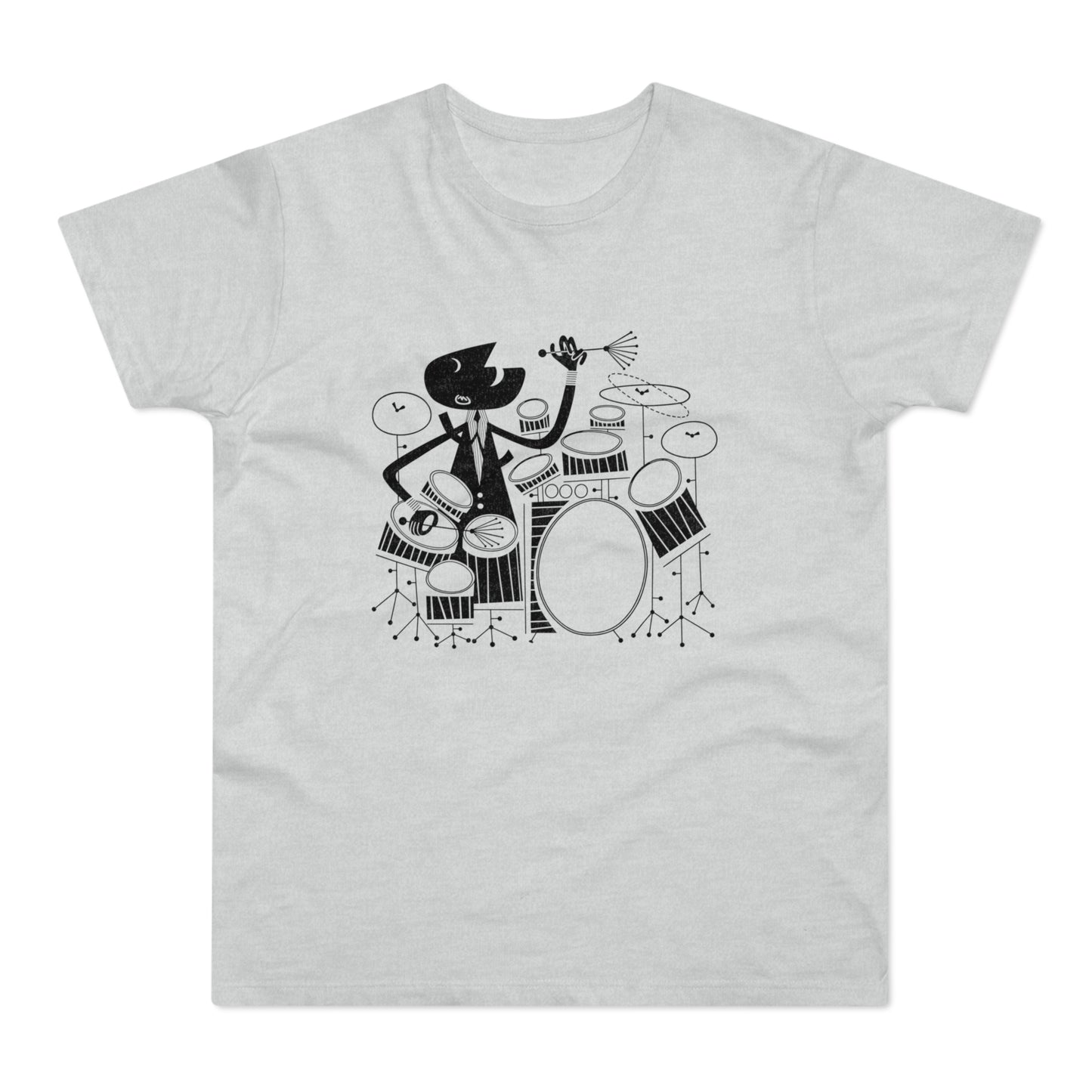 Black and white cartoon of a figure playing drums on a light grey t-shirt.