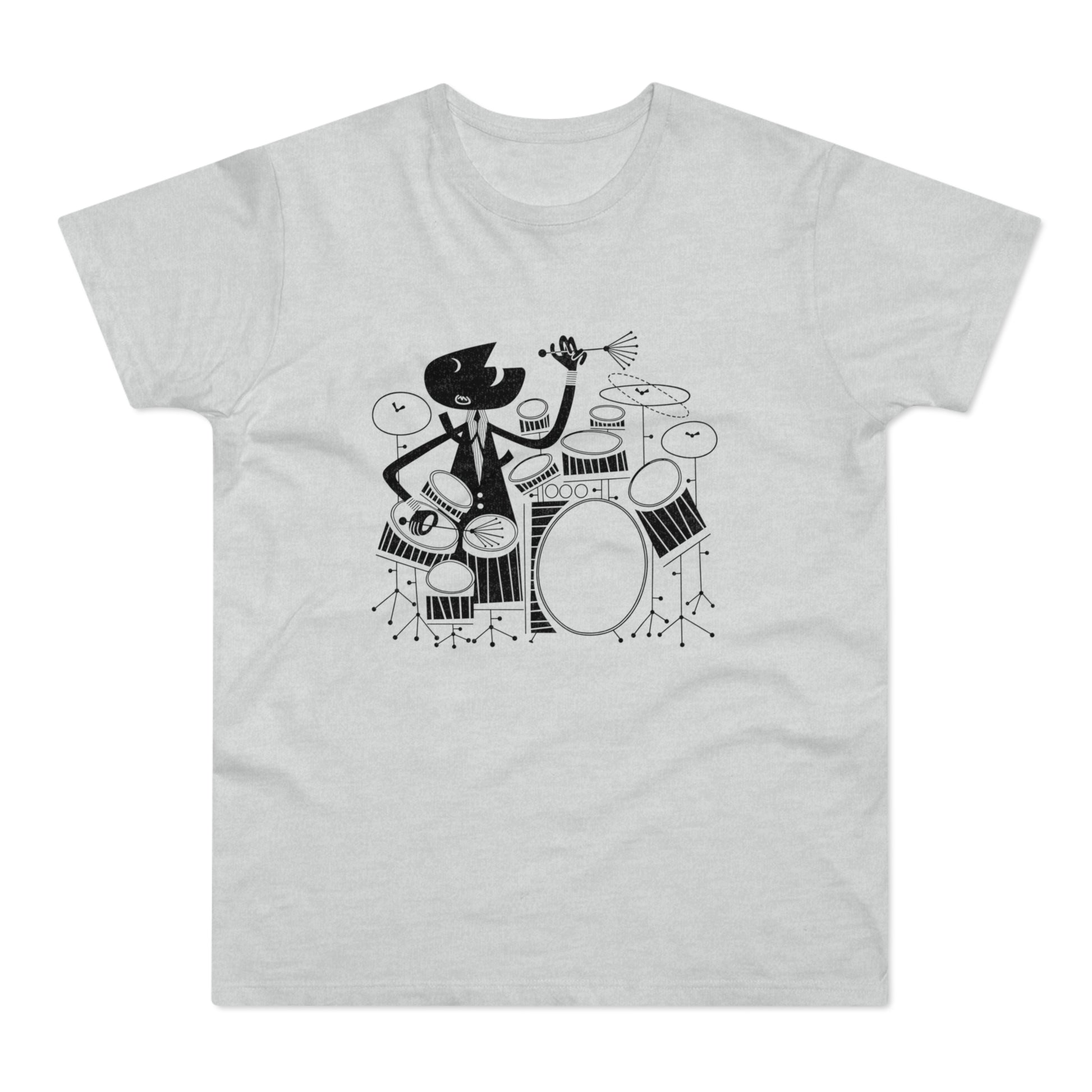 Black and white cartoon of a figure playing drums on a light grey t-shirt.