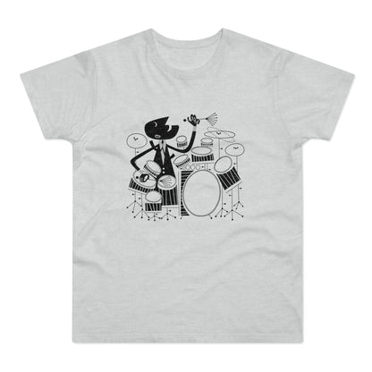 Black and white cartoon of a figure playing drums on a light grey t-shirt.