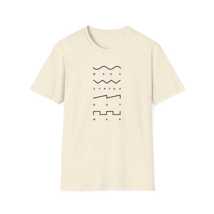 T-shirt with "MAKE SYNTHS NOT WAR" text and waveform graphics on muted yellow fabric.