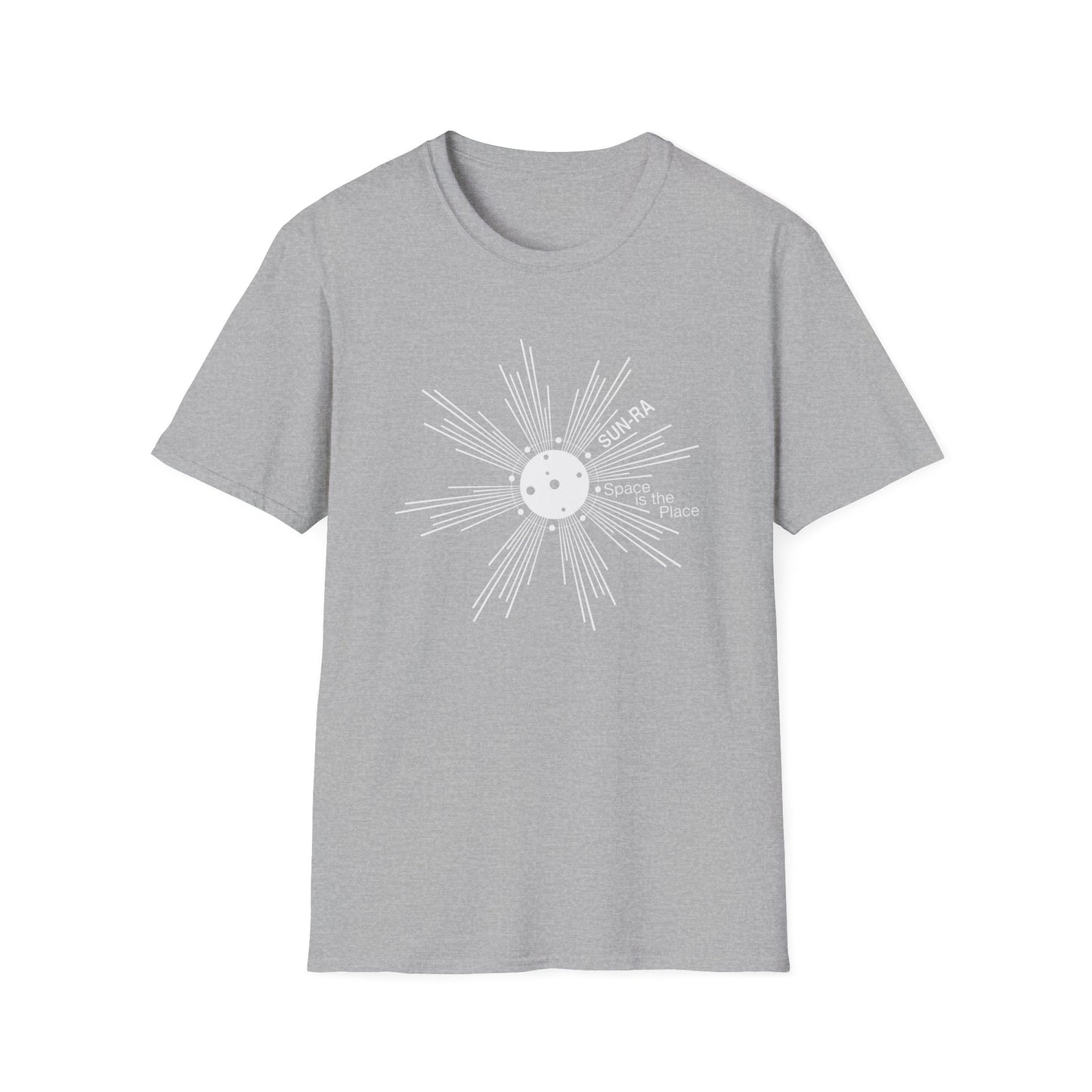 Grey t-shirt with white "SUN-RA Space is the Place" graphic.