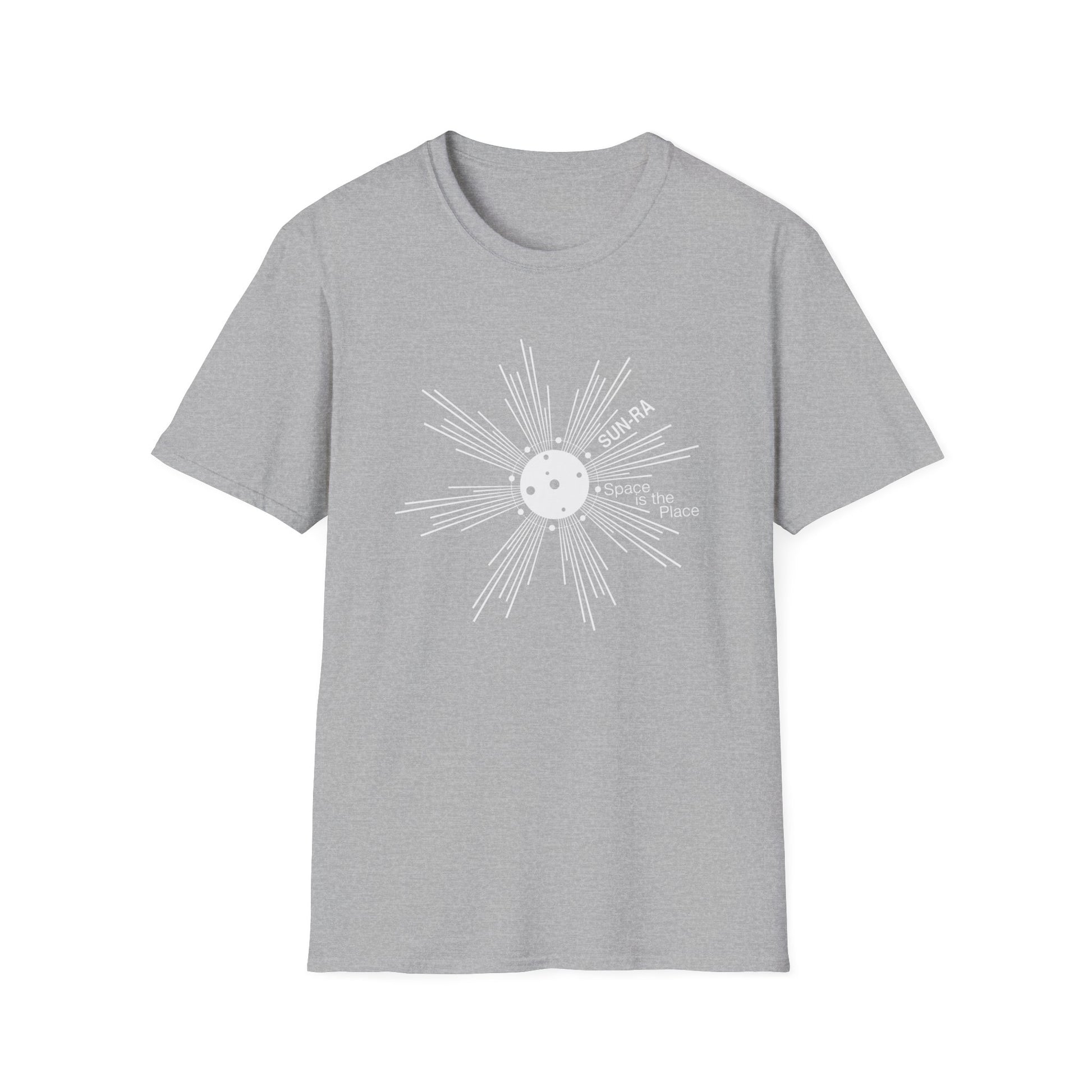 Grey t-shirt with white "SUN-RA Space is the Place" graphic.