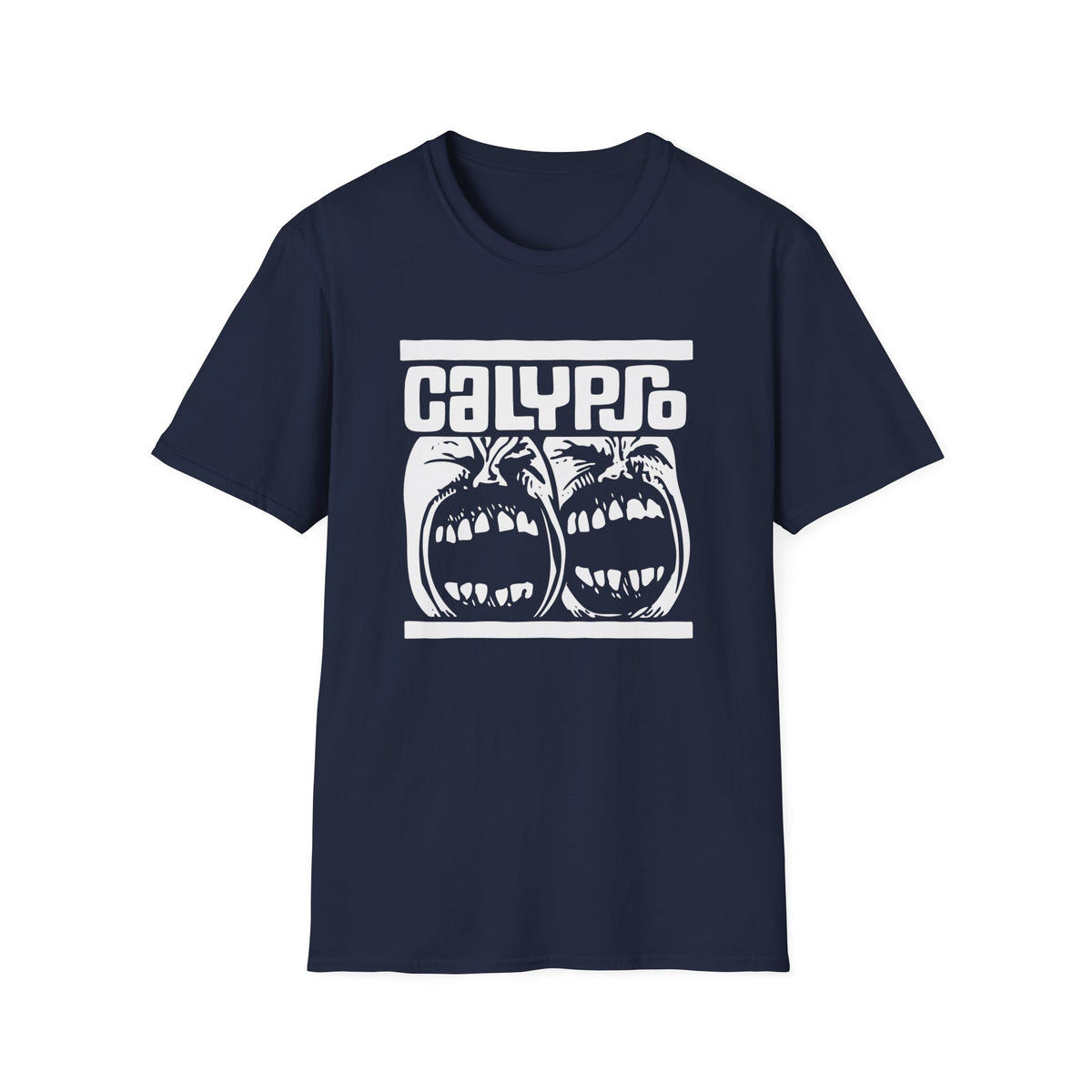 Navy t-shirt with white "CALYPSO" text and screaming faces graphic.