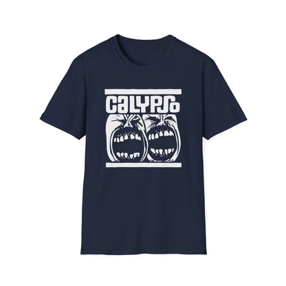Navy t-shirt with white "CALYPSO" text and screaming faces graphic.