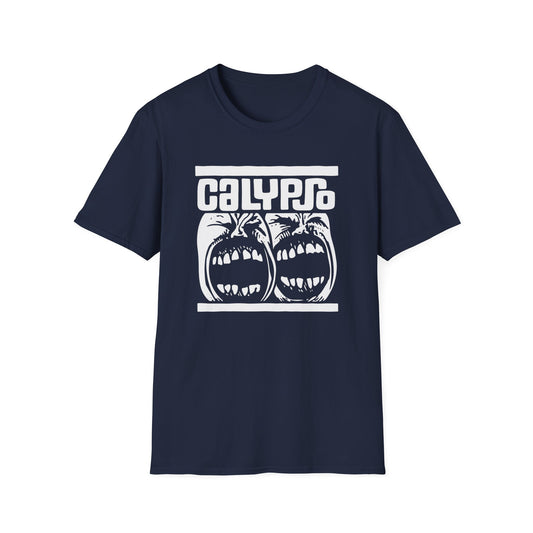 Navy t-shirt with white "CALYPSO" text and screaming faces graphic.