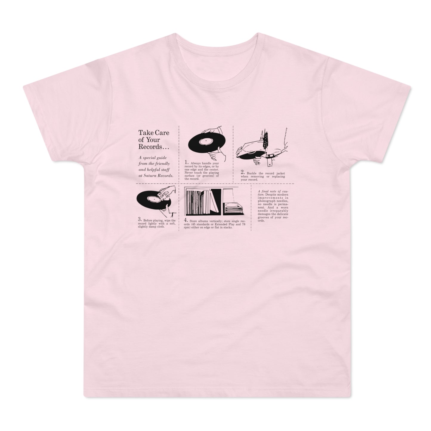 Pink t-shirt with black line drawing and text about record care.