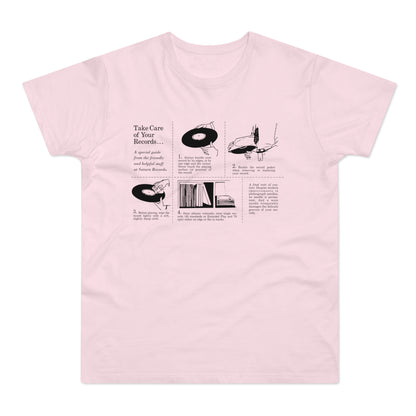 Pink t-shirt with black line drawing and text about record care.