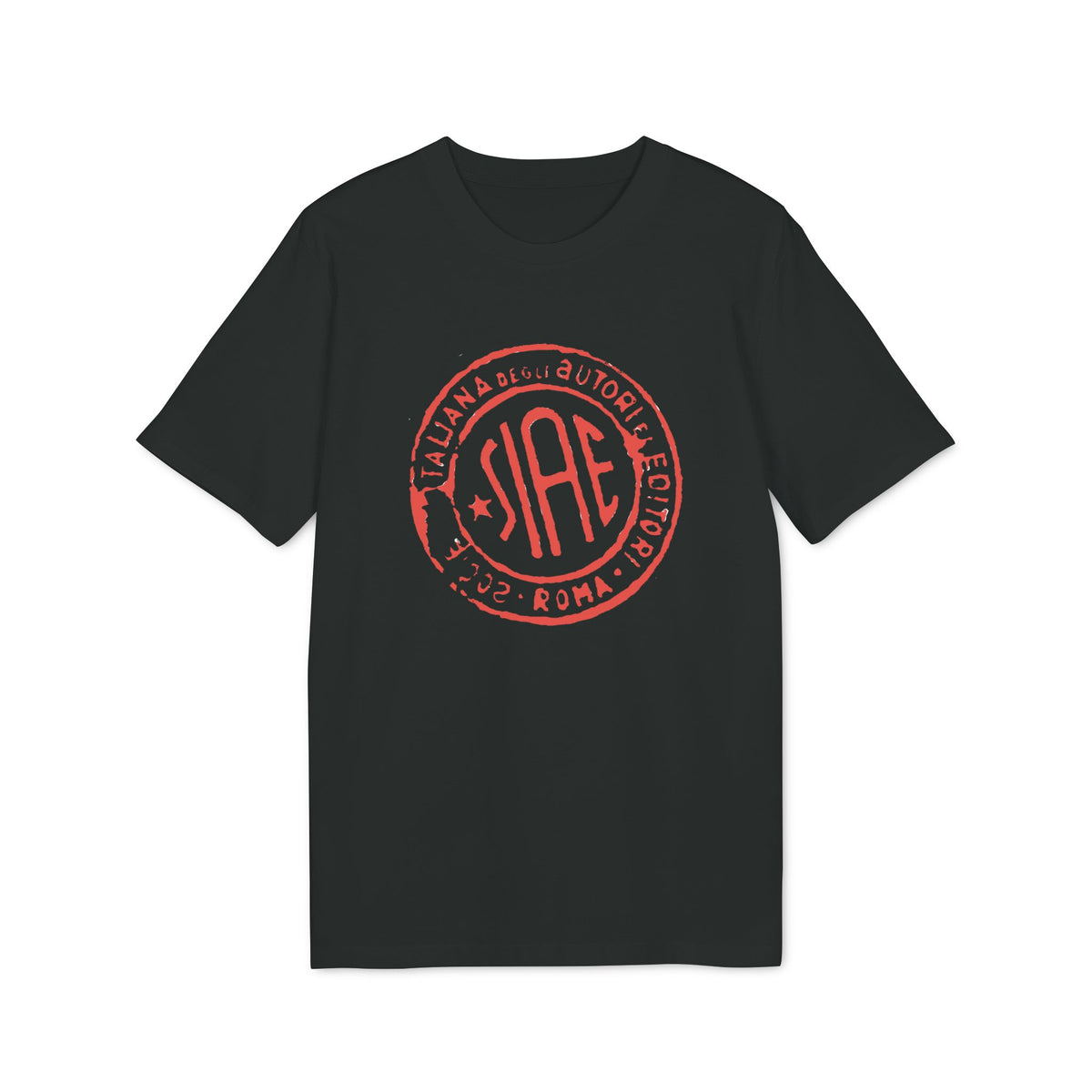 A black short-sleeved t-shirt featuring a large red circular graphic with SIAE text on the chest.