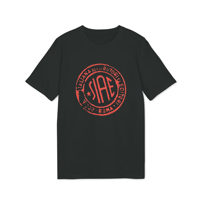 A black short-sleeved t-shirt featuring a large red circular graphic with SIAE text on the chest.