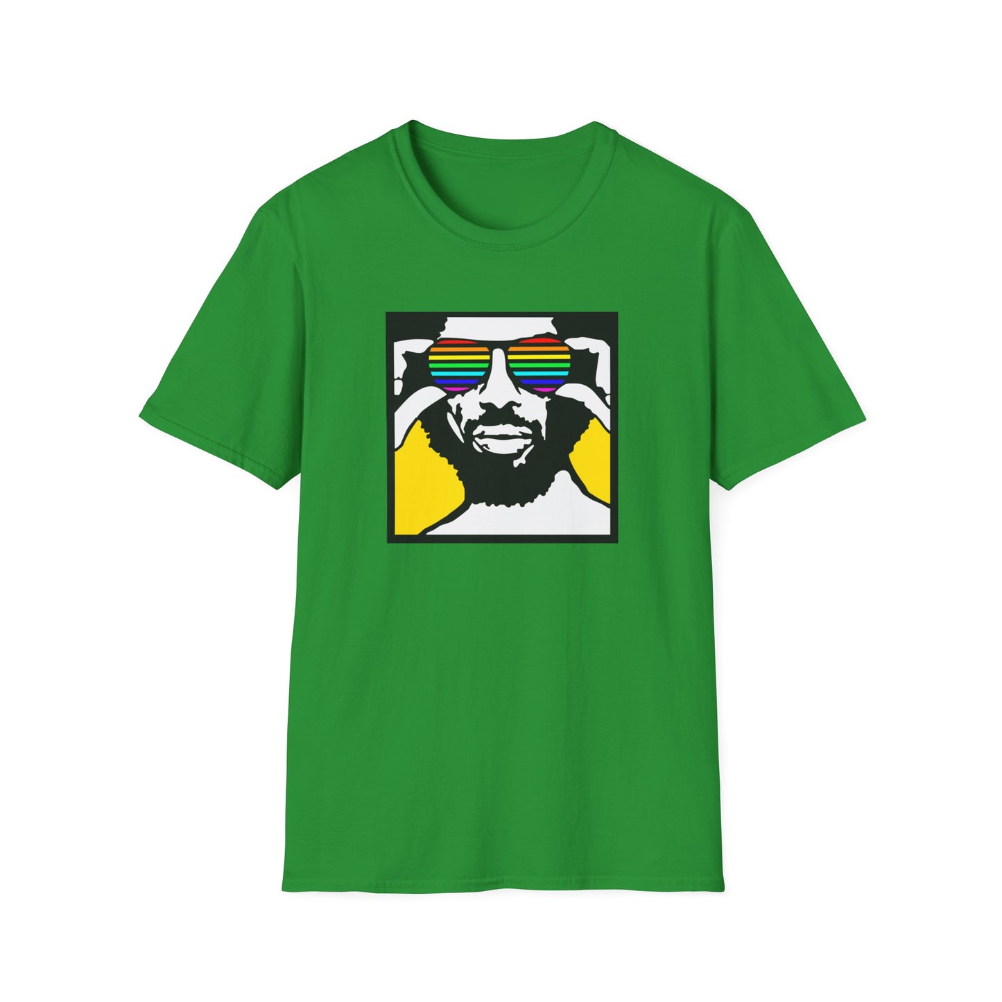 Green t-shirt with graphic of person wearing rainbow sunglasses