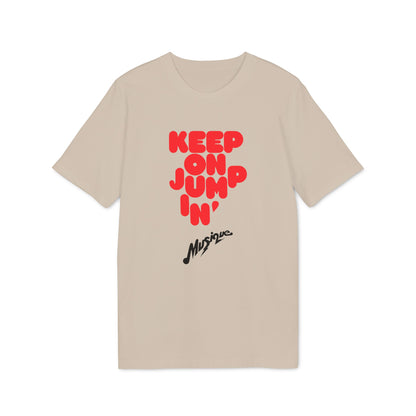 A beige short-sleeved t-shirt with red block lettering that reads "KEEP ON JUMPIN'" and black script text below.