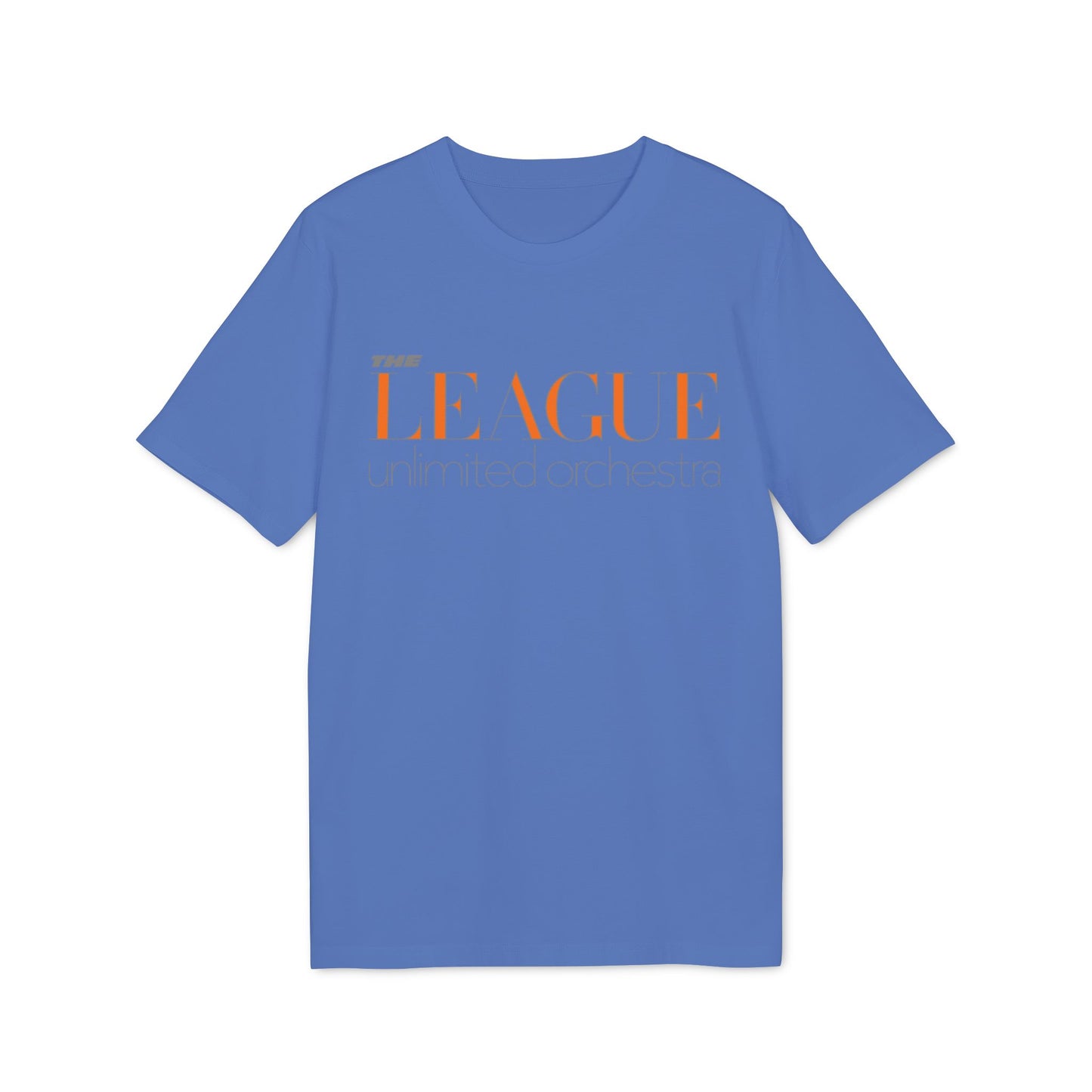 Blue t-shirt with orange text "THE LEAGUE unlimited orchestra" on the front.