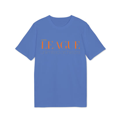 Blue t-shirt with orange text "THE LEAGUE unlimited orchestra" on the front.