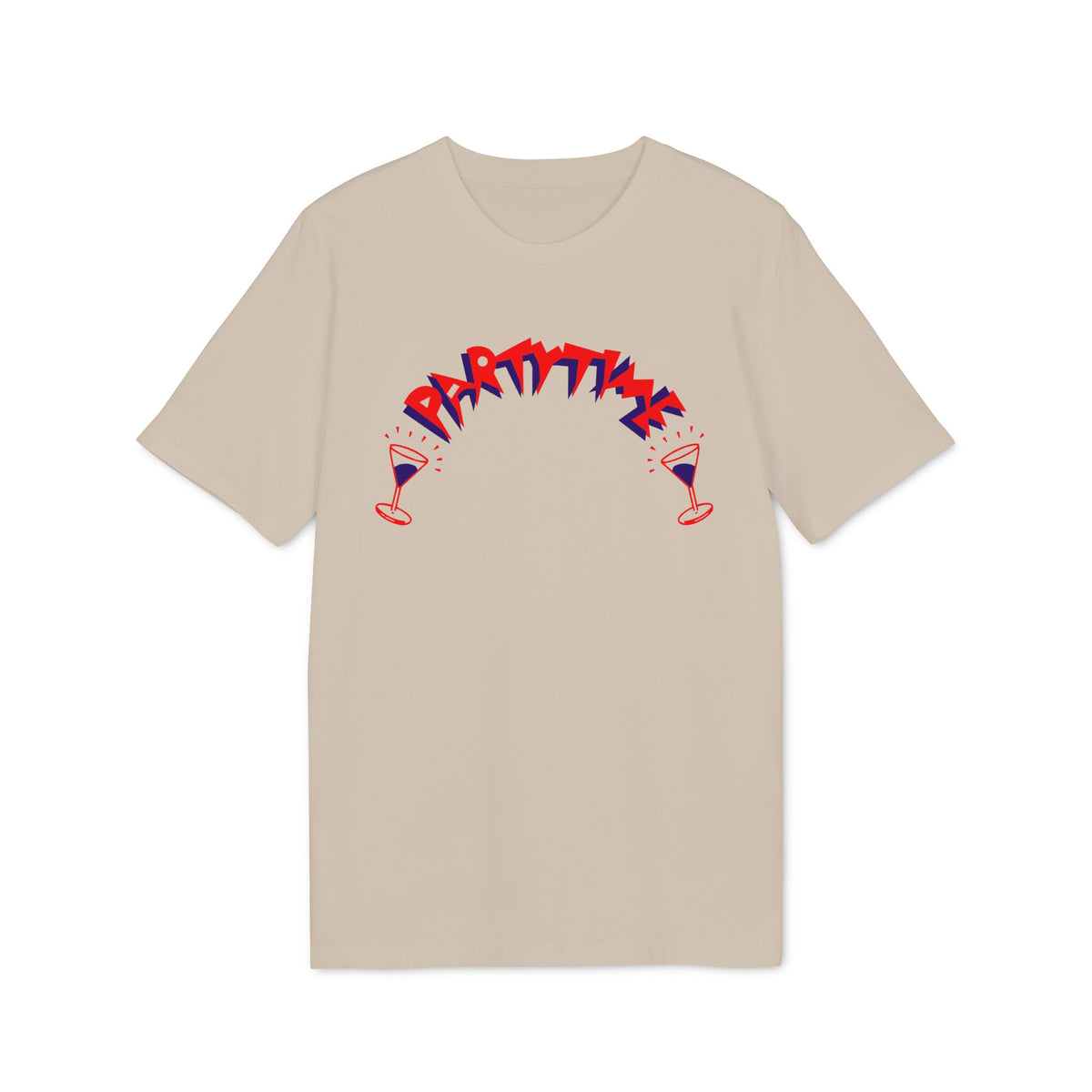 Beige short-sleeve t-shirt with stylized red and blue graphic text reading PARTY TIME arched over two cocktail glasses.