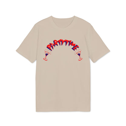 Beige short-sleeve t-shirt with stylized red and blue graphic text reading PARTY TIME arched over two cocktail glasses.