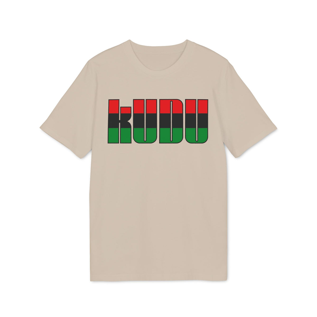 A beige short-sleeve t-shirt features the word KUDU on the chest in red, black, and green stripes.