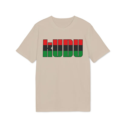 A beige short-sleeve t-shirt features the word KUDU on the chest in red, black, and green stripes.