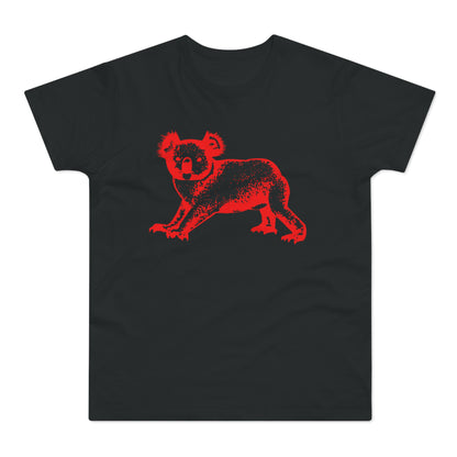 Black t-shirt with a red distressed koala graphic.