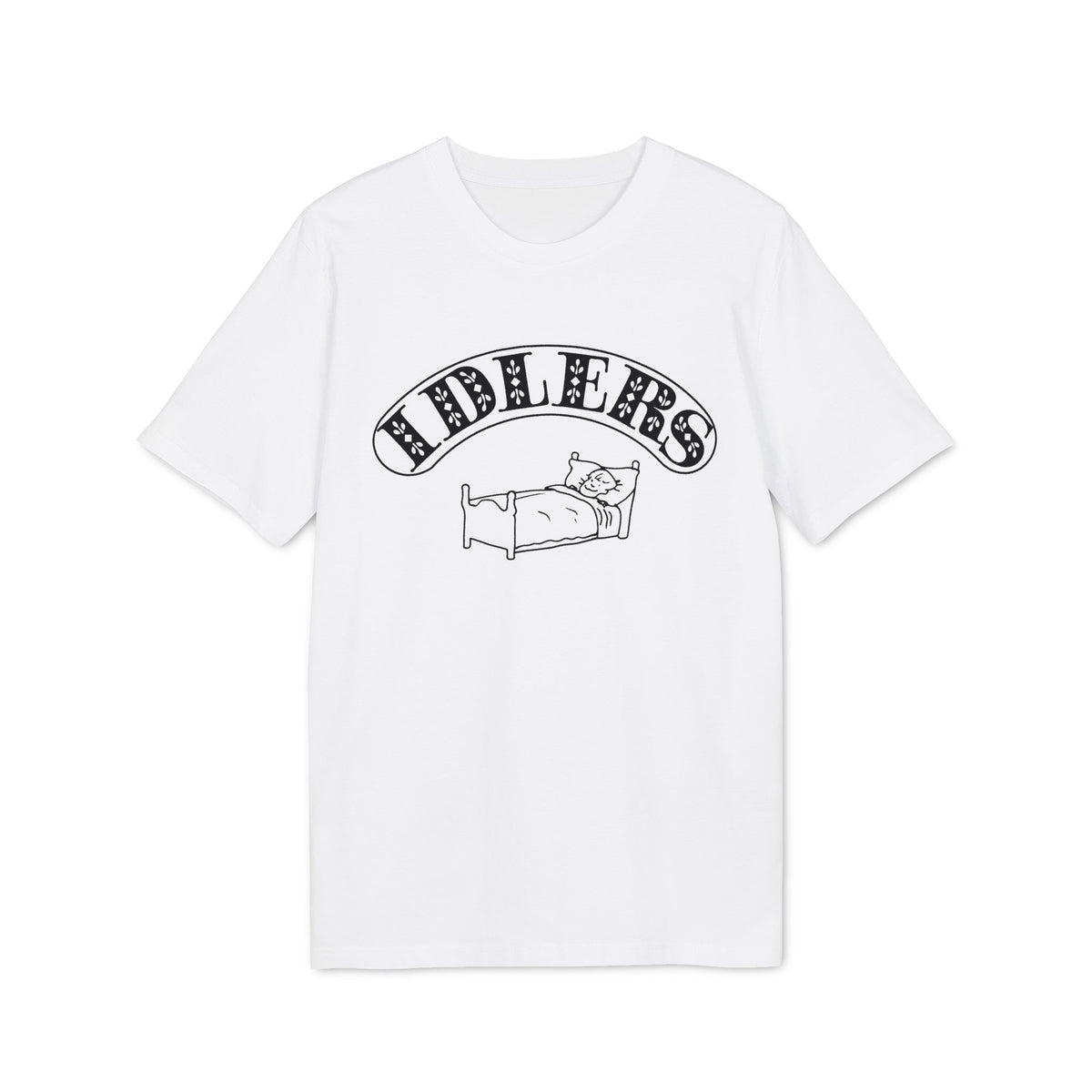 A white short-sleeved t-shirt with black text reading IDLERS above a line drawing of someone in bed.