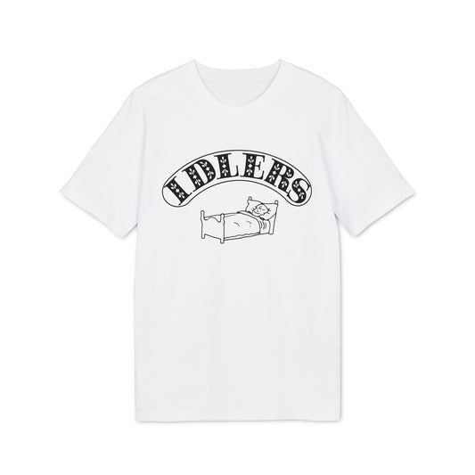 A white short-sleeved t-shirt with black text reading IDLERS above a line drawing of someone in bed.