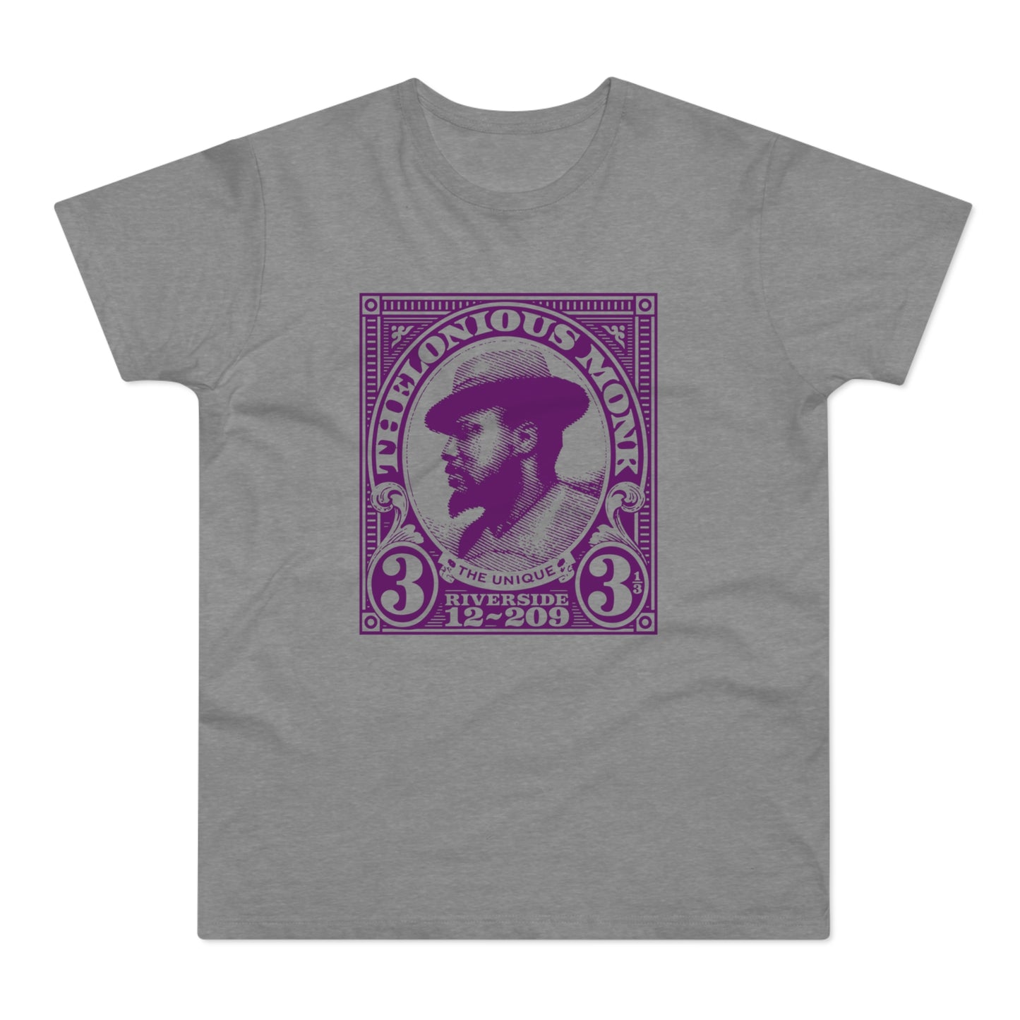 Thelonious Monk portrait within a purple stamp design on a gray t-shirt.