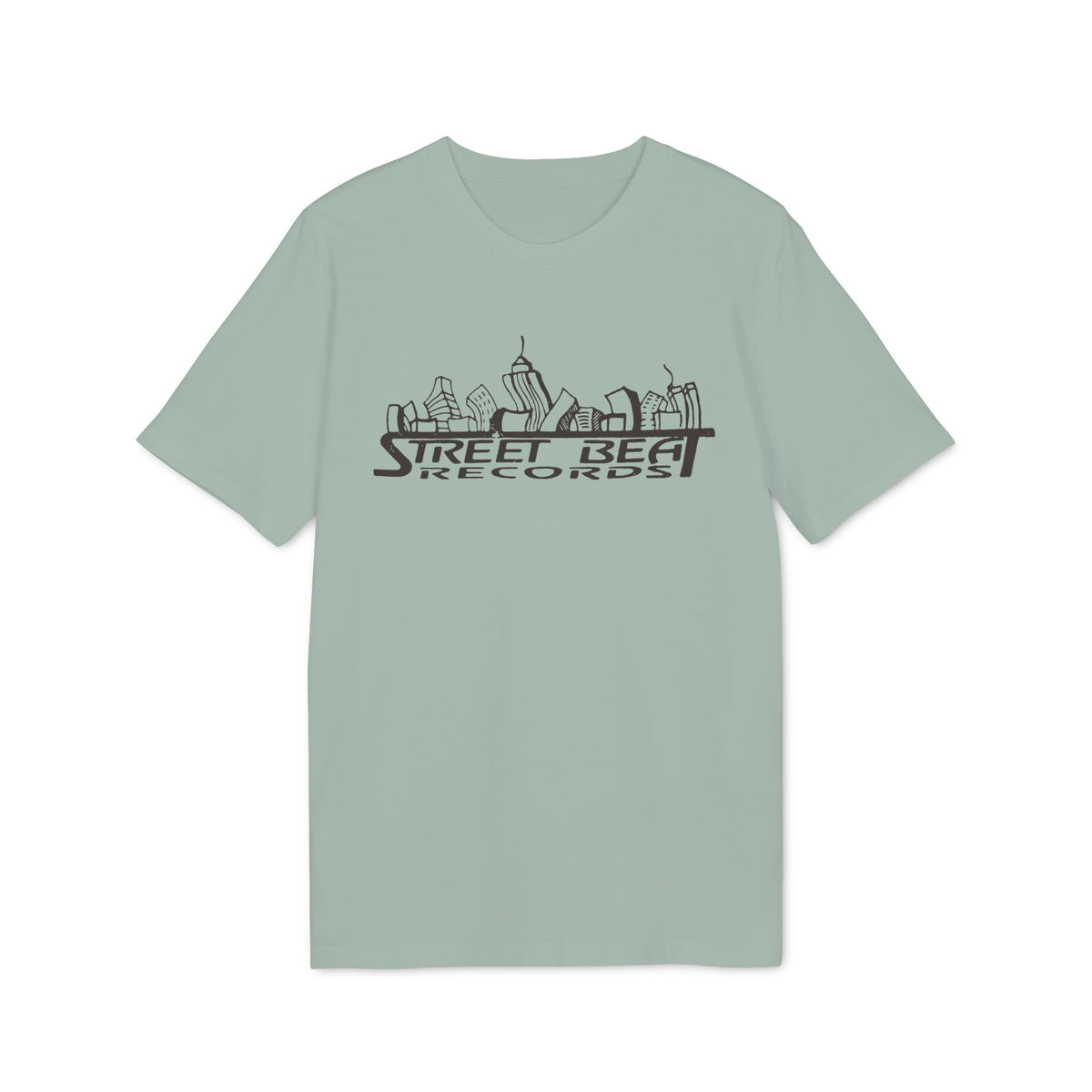 A sage green short-sleeve t-shirt with a black illustrated cityscape and the text Street Beat Records.