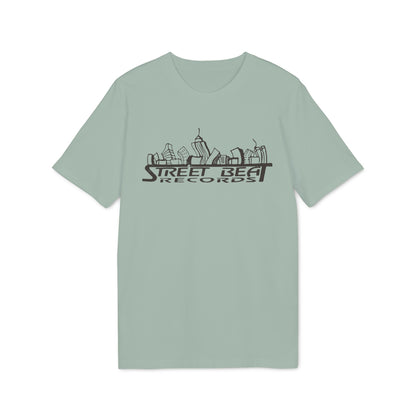 A sage green short-sleeve t-shirt with a black illustrated cityscape and the text Street Beat Records.