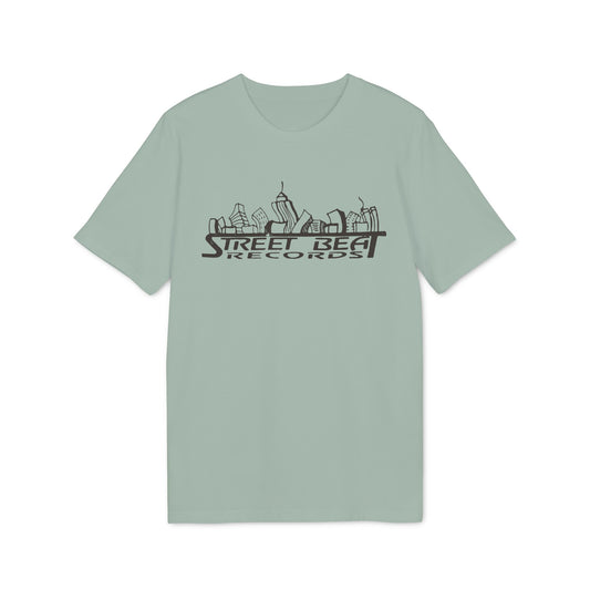 A sage green short-sleeve t-shirt with a black illustrated cityscape and the text Street Beat Records.
